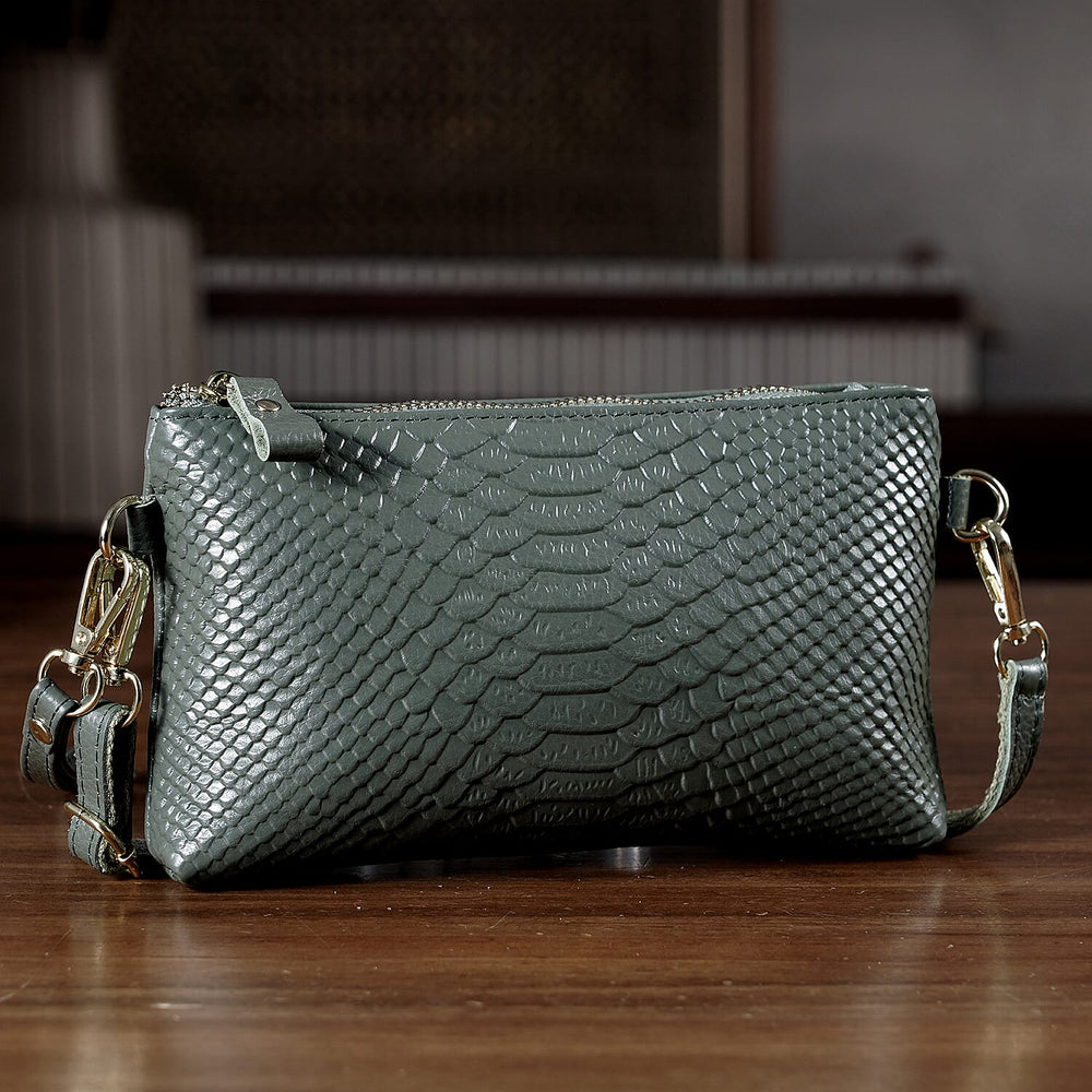 Genuine Leather Sling Bag with Detachable Strap (140 cm) - Dark Green