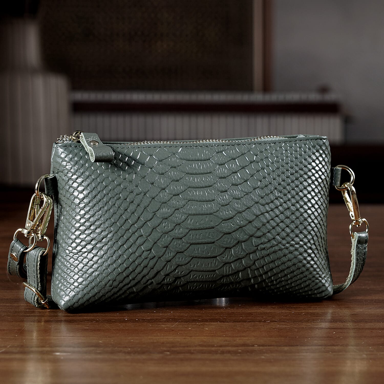 Genuine Leather Sling Bag with Detachable Strap (140 cm) - Dark Green