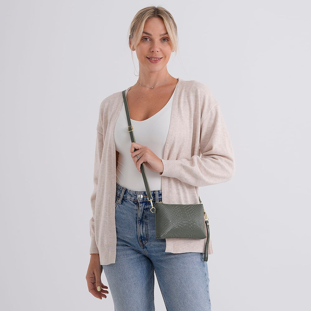 Genuine Leather Sling Bag with Detachable Strap (140 cm) - Dark Green