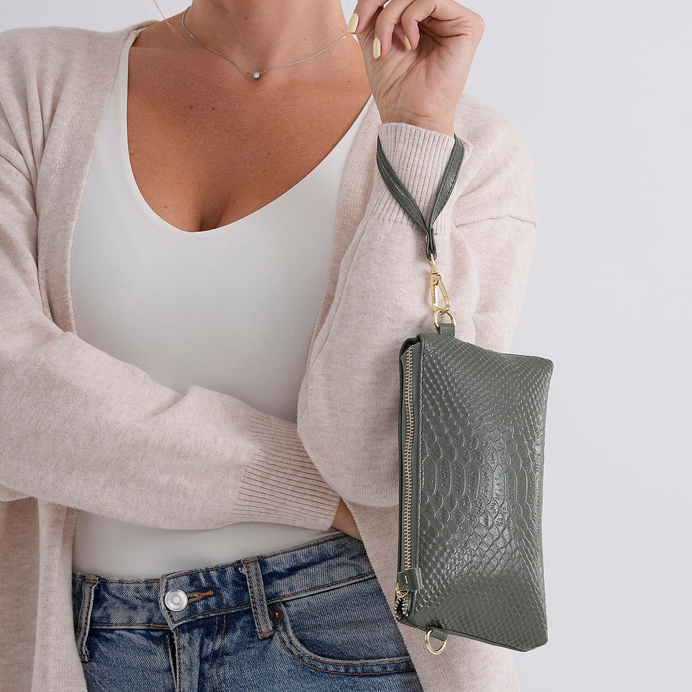 Genuine Leather Sling Bag with Detachable Strap (140 cm) - Dark Green