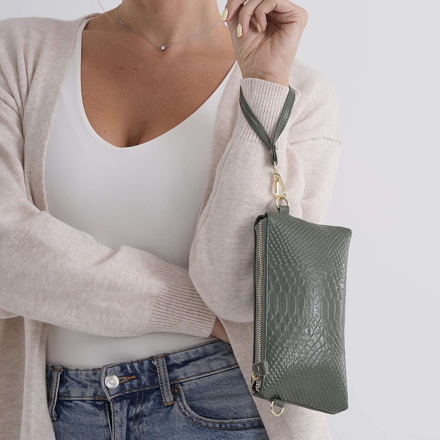 Genuine Leather Sling Bag with Detachable Strap (140 cm) - Dark Green