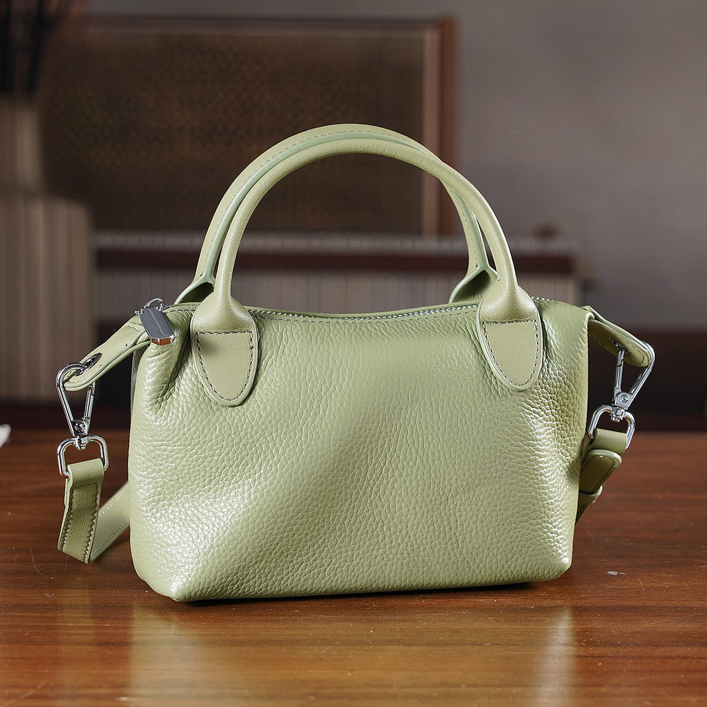 Designer Inspired Genuine Leather Mini Crossbody Bag with Top Handle - Light Green