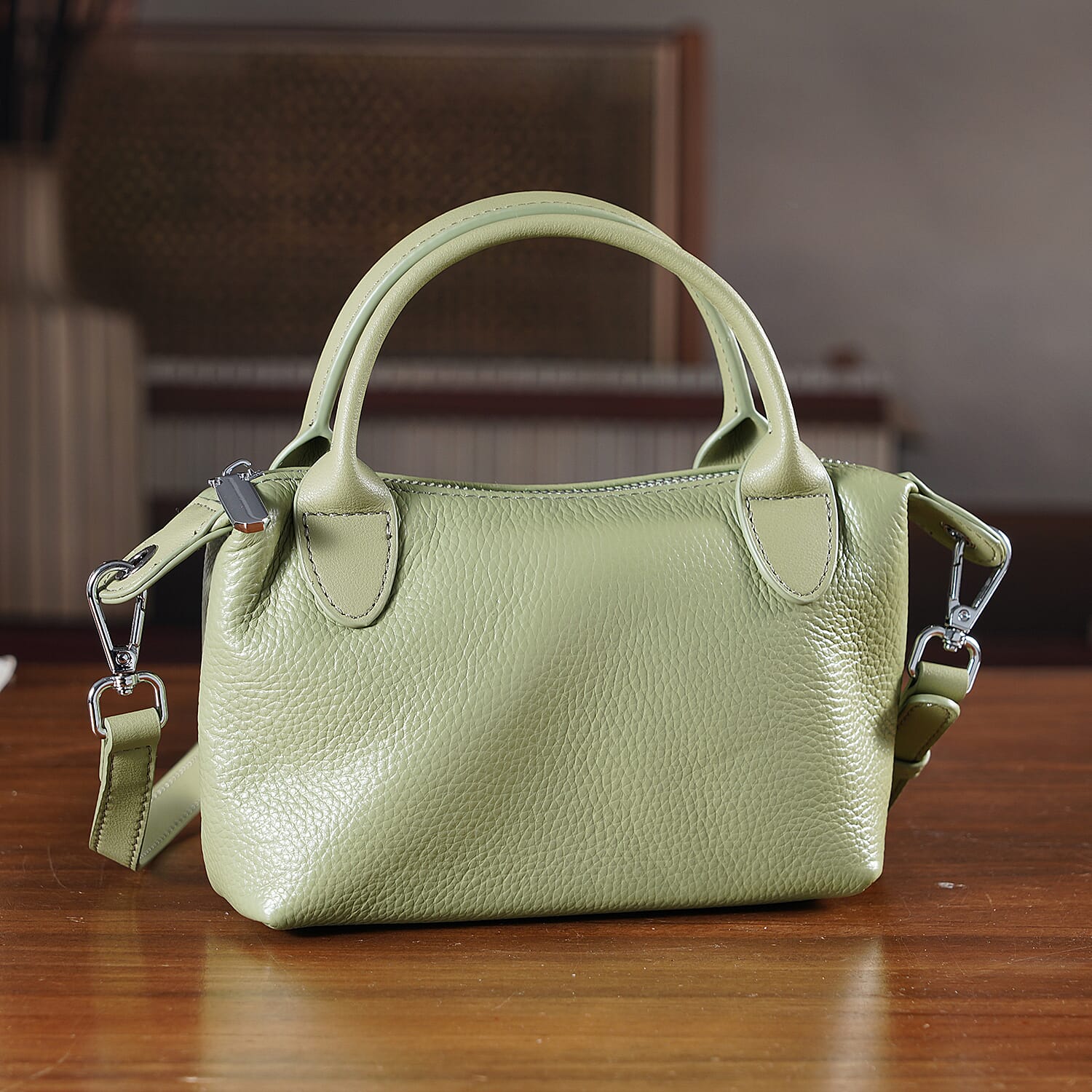 Designer Inspired Genuine Leather Mini Crossbody Bag with Top Handle - Light Green