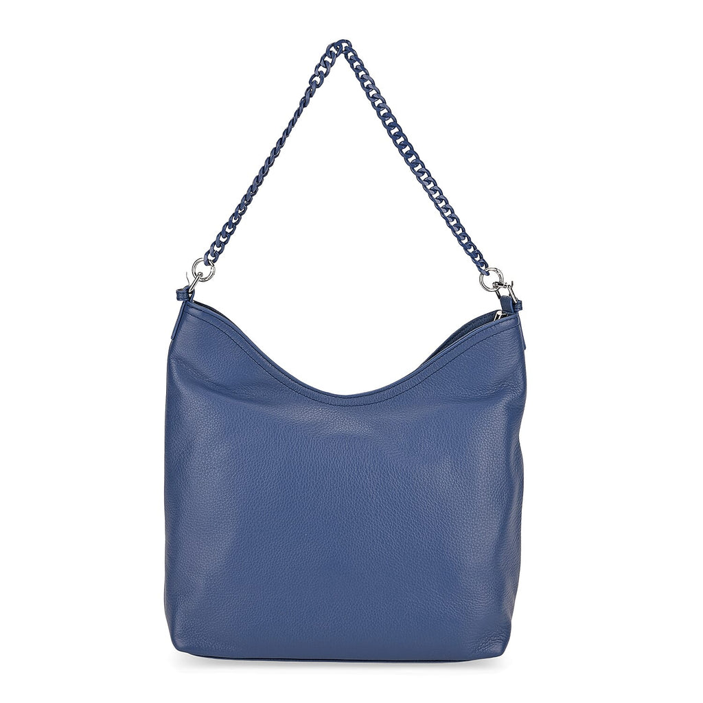 Genuine Leather Slouchy Shoulder Bag - Blue