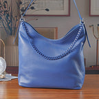 Genuine Leather Slouchy Shoulder Bag - Blue
