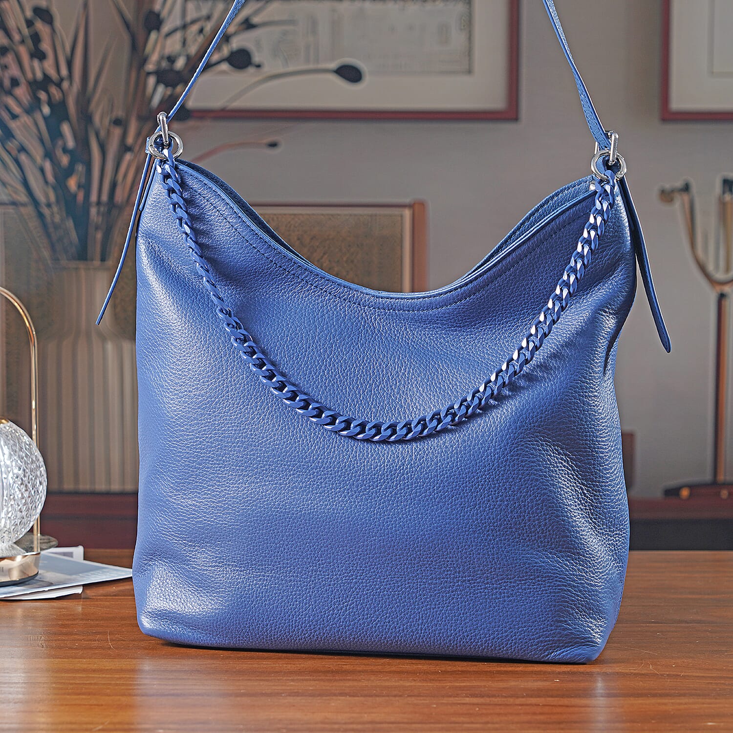 Genuine Leather Slouchy Shoulder Bag - Blue