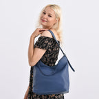 Genuine Leather Slouchy Shoulder Bag - Blue
