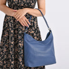 Genuine Leather Slouchy Shoulder Bag - Blue