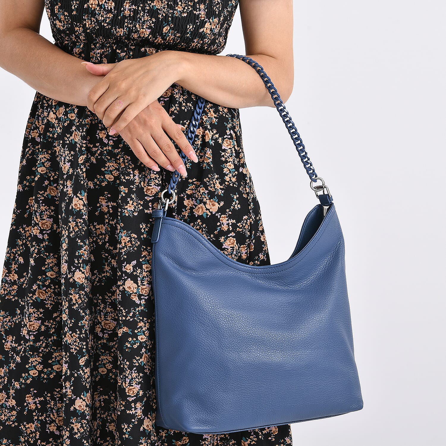 Genuine Leather Slouchy Shoulder Bag - Blue
