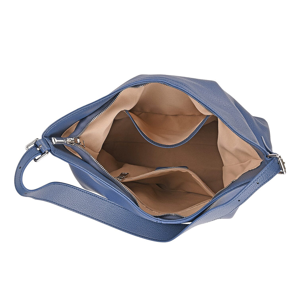 Genuine Leather Slouchy Shoulder Bag - Blue