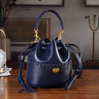 THE AURELLE - Designer Inspired 100% Genuine Leather Crossbody Sinch Bag with Removable Top-Handle, Embedded Fabric Pouch And Gold-Tone Hardware - Dark Navy