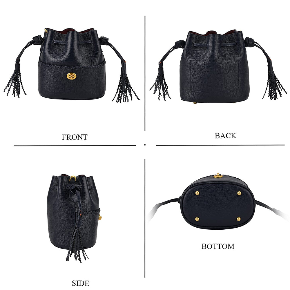 THE AURELLE - Designer Inspired 100% Genuine Leather Crossbody Sinch Bag with Removable Top-Handle, Embedded Fabric Pouch And Gold-Tone Hardware - Dark Navy