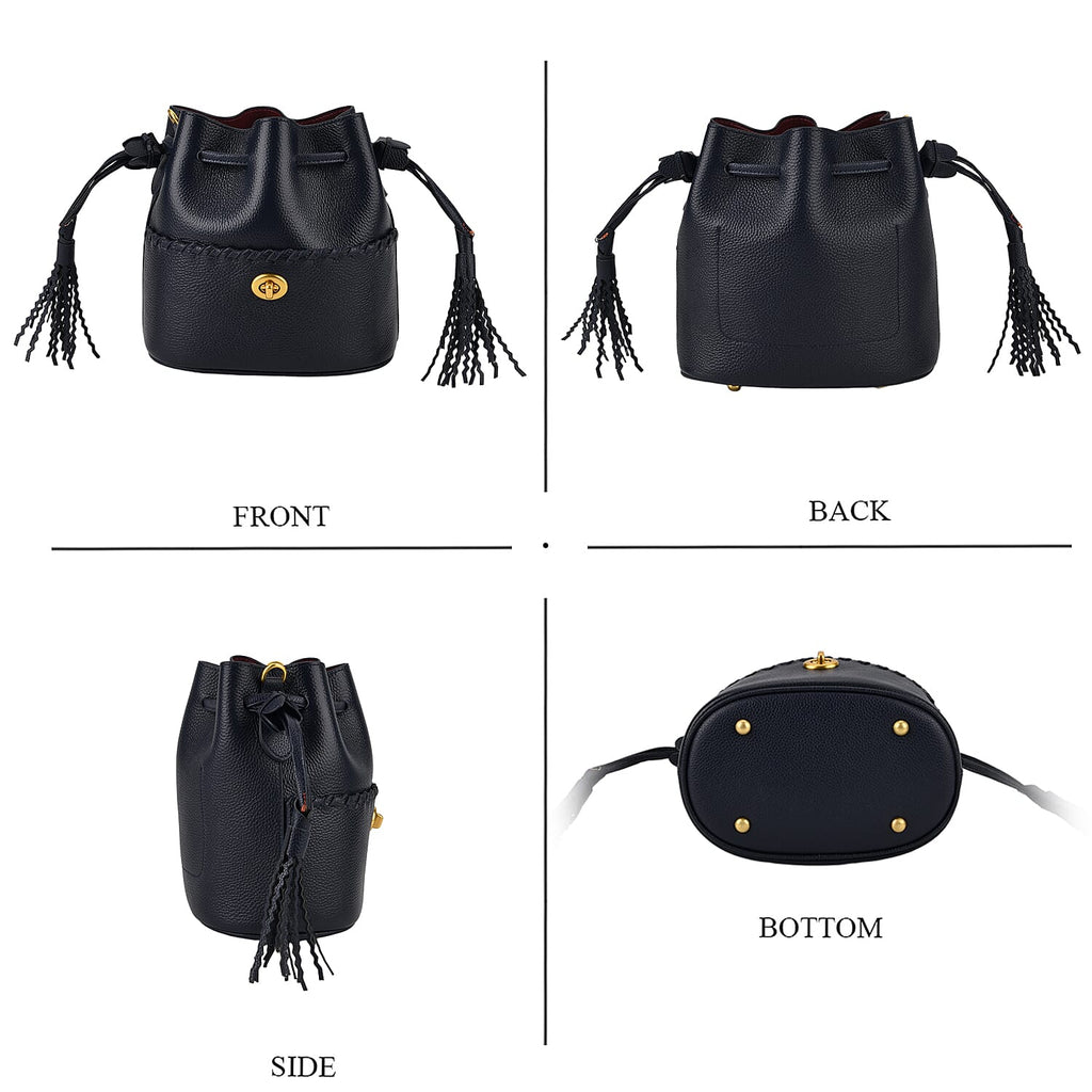 THE AURELLE - Designer Inspired 100% Genuine Leather Crossbody Sinch Bag with Removable Top-Handle, Embedded Fabric Pouch And Gold-Tone Hardware - Dark Navy