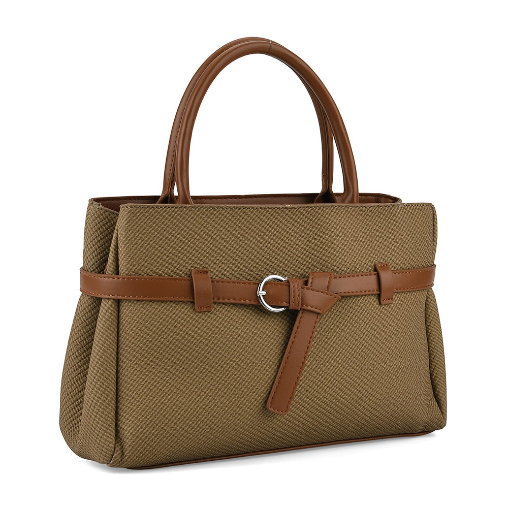 Designer Inspired Satchel-Style Handbag with Belt Detail - Olive