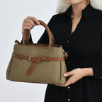 Designer Inspired Satchel-Style Handbag with Belt Detail - Olive