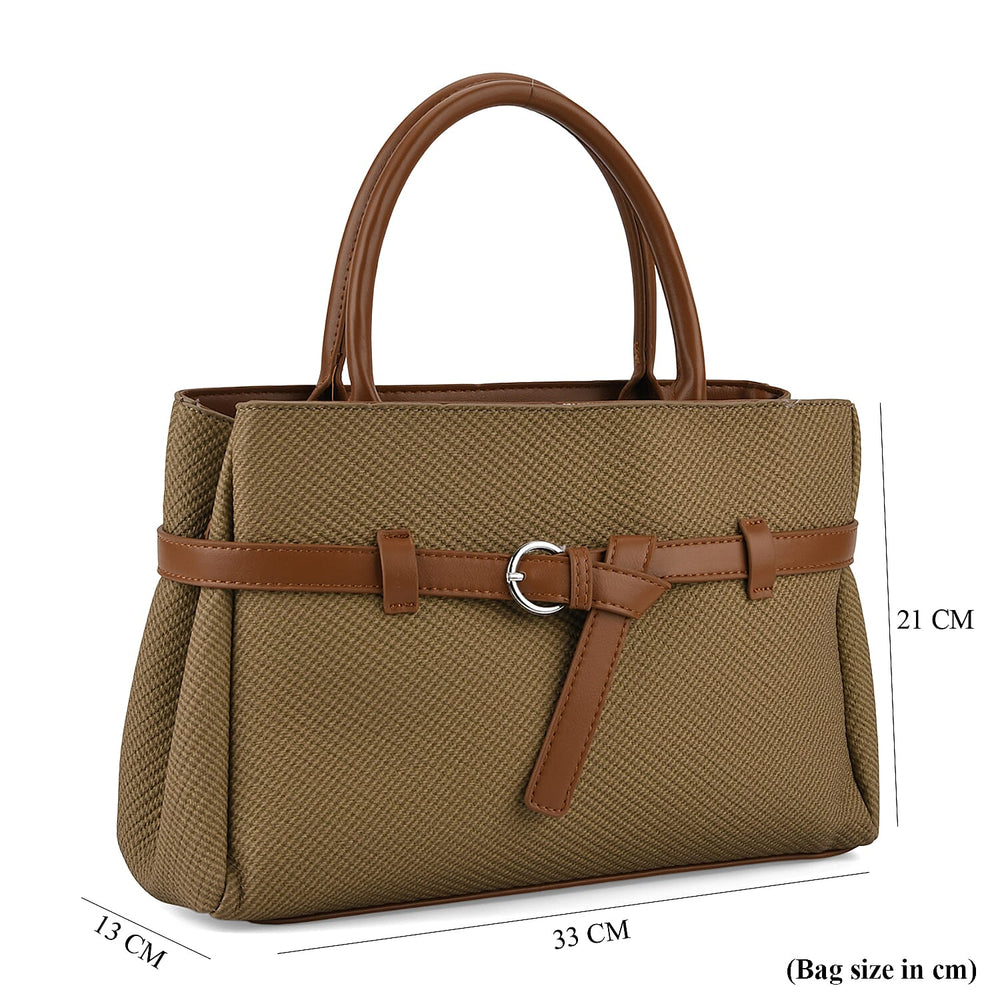 Designer Inspired Satchel-Style Handbag with Belt Detail - Olive