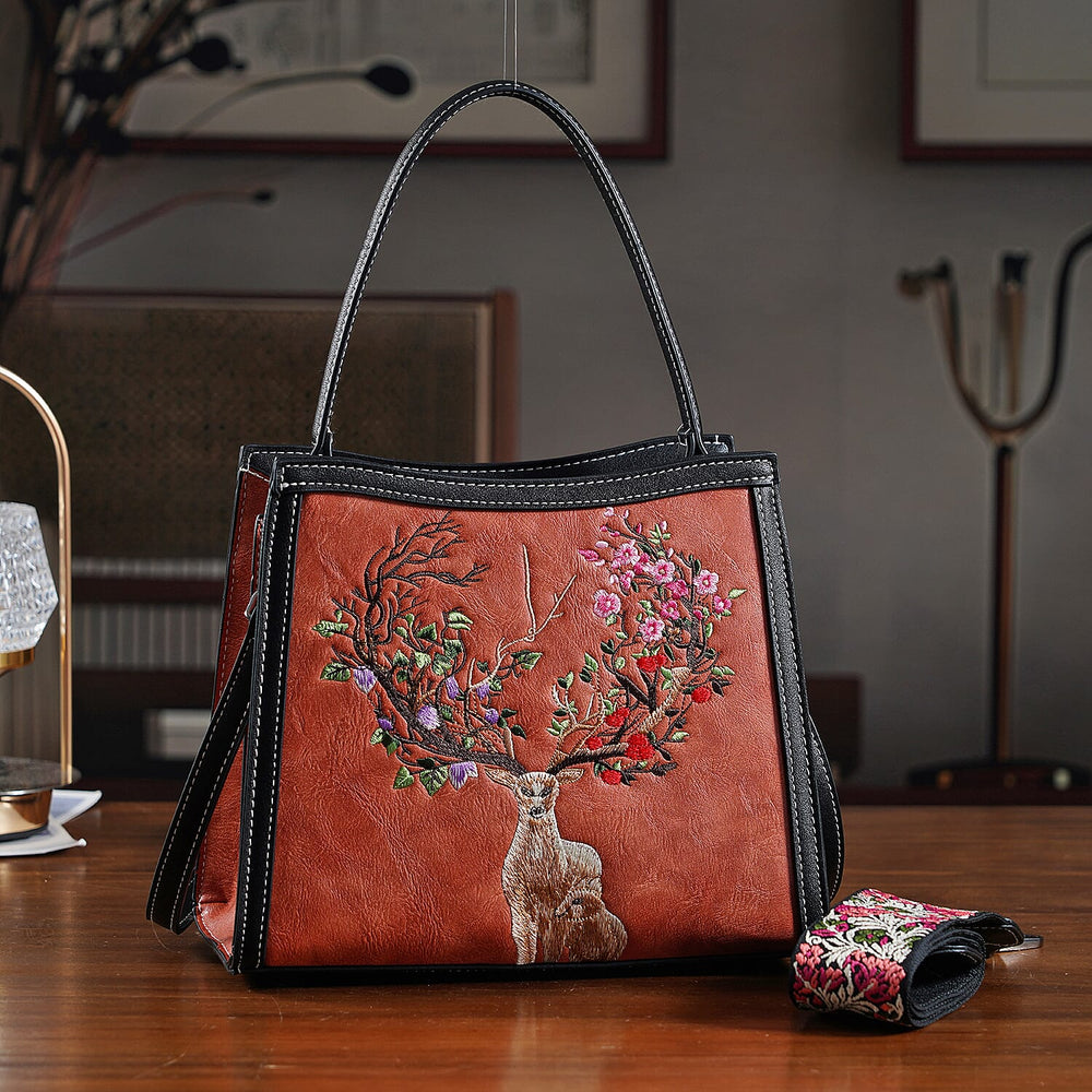 Floral Deer Embroidered Sling Handbag - Terracotta