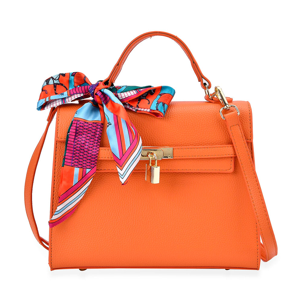 Kelly-Style Shoulder Bag with Scarf Accent & Adjustable Strap - Orange