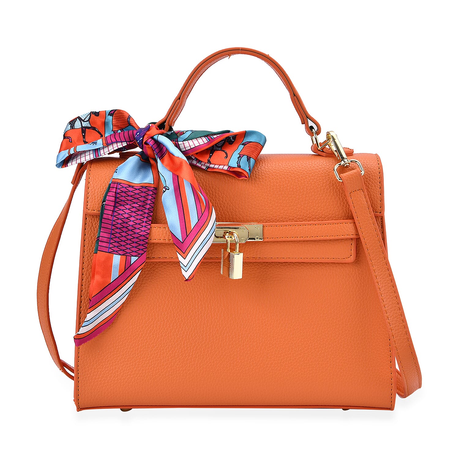 Kelly-Style Shoulder Bag with Scarf Accent & Adjustable Strap - Orange