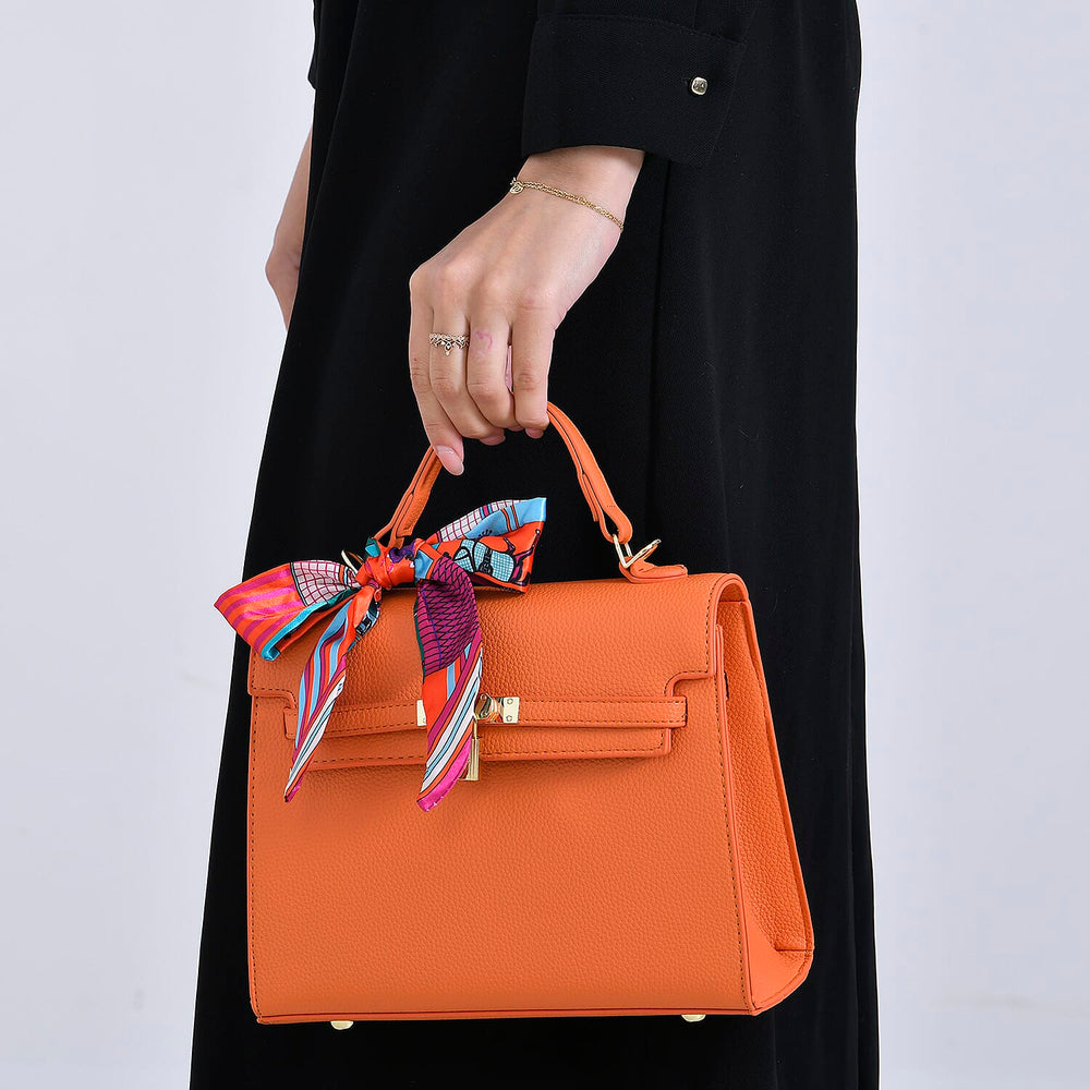 Kelly-Style Shoulder Bag with Scarf Accent & Adjustable Strap - Orange