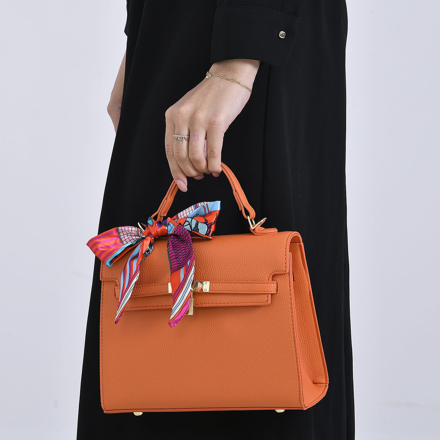 Kelly-Style Shoulder Bag with Scarf Accent & Adjustable Strap - Orange