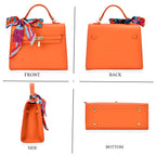 Kelly-Style Shoulder Bag with Scarf Accent & Adjustable Strap - Orange