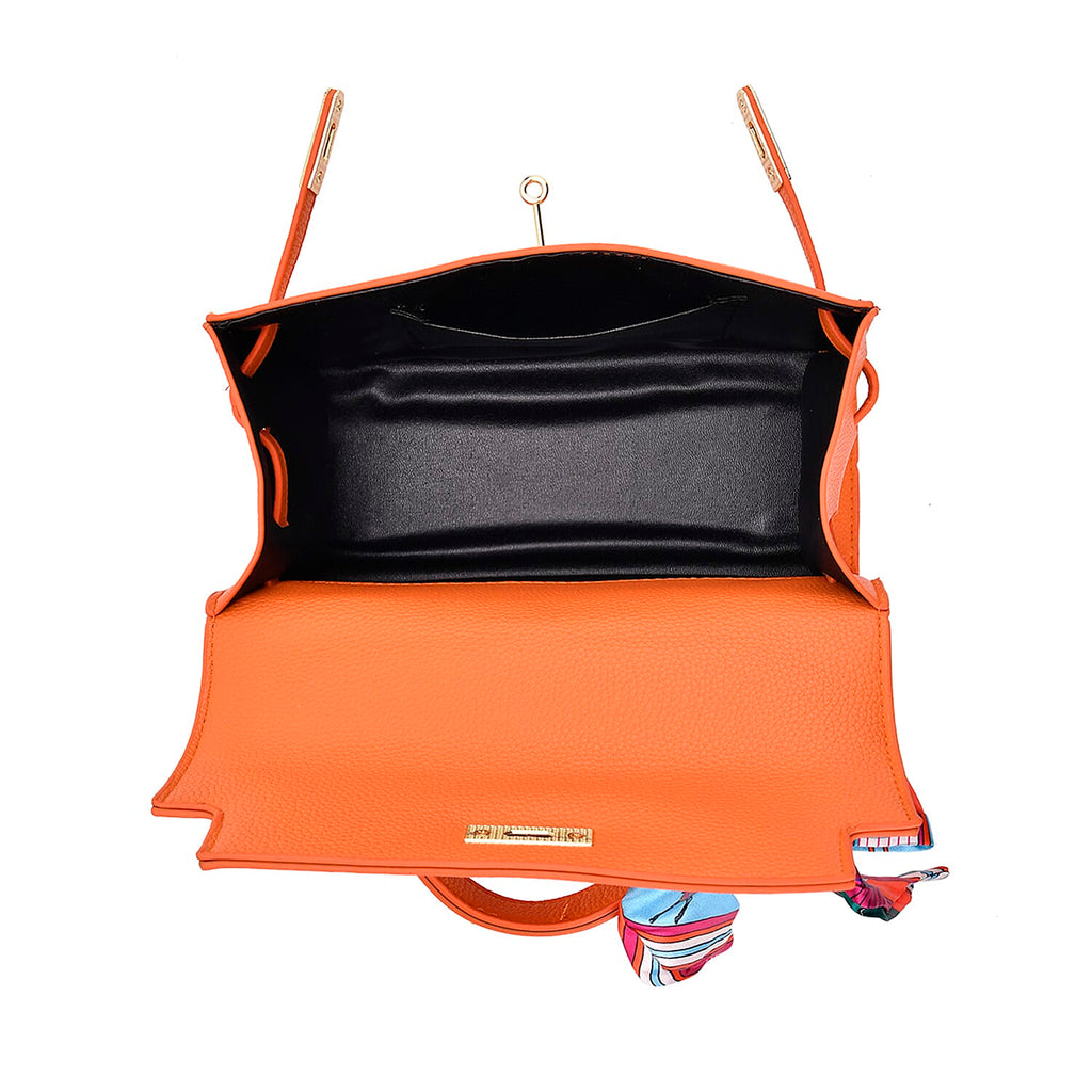 Kelly-Style Shoulder Bag with Scarf Accent & Adjustable Strap - Orange