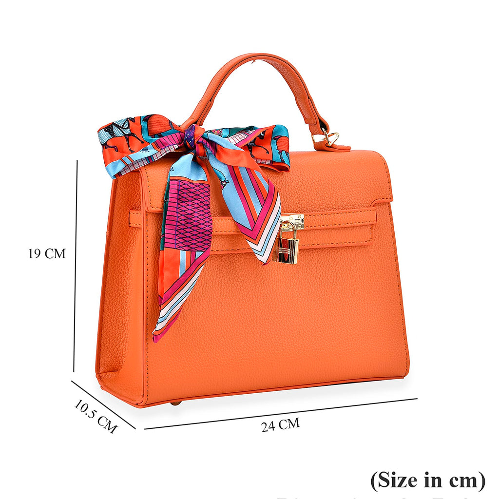 Kelly-Style Shoulder Bag with Scarf Accent & Adjustable Strap - Orange
