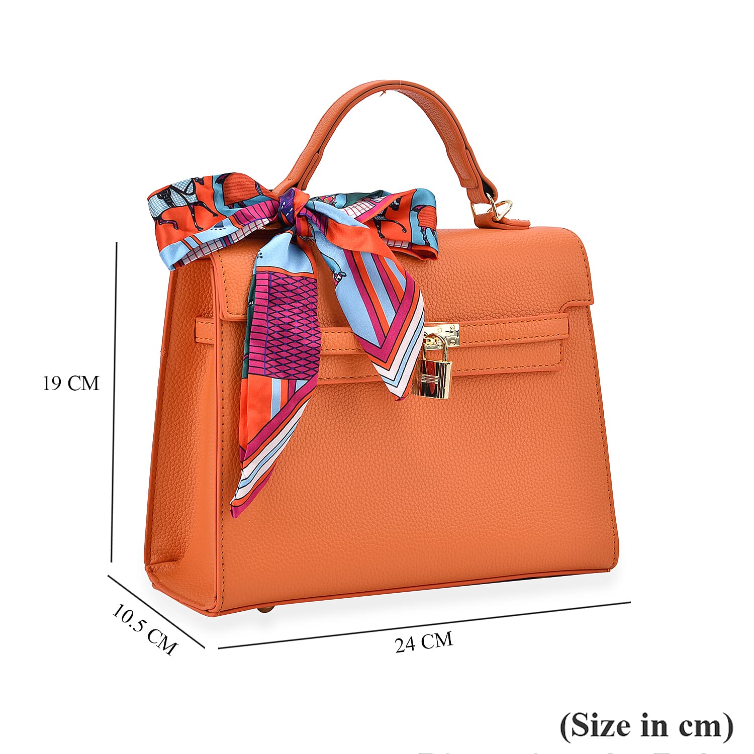 Kelly-Style Shoulder Bag with Scarf Accent & Adjustable Strap - Orange
