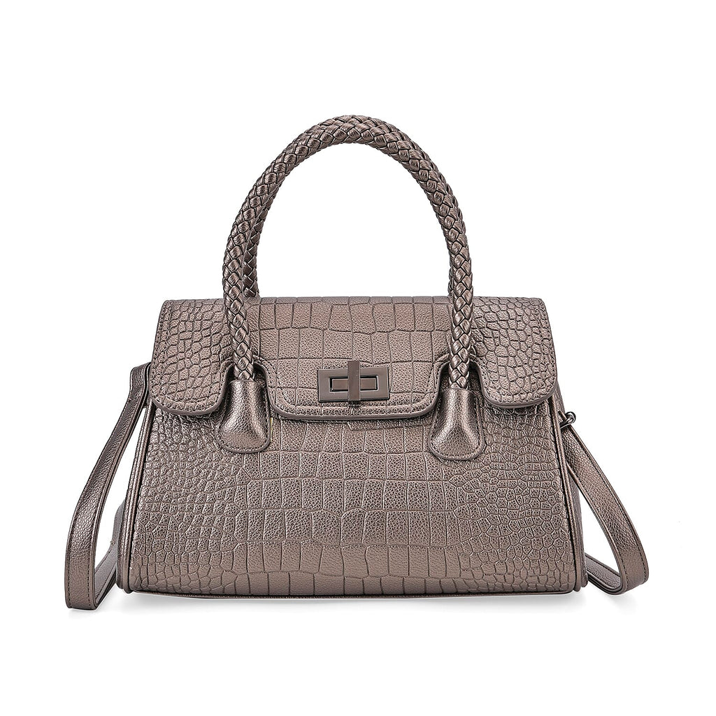 Croc Embossed Crossbody Bag with Lock & Top Handle - Metalic