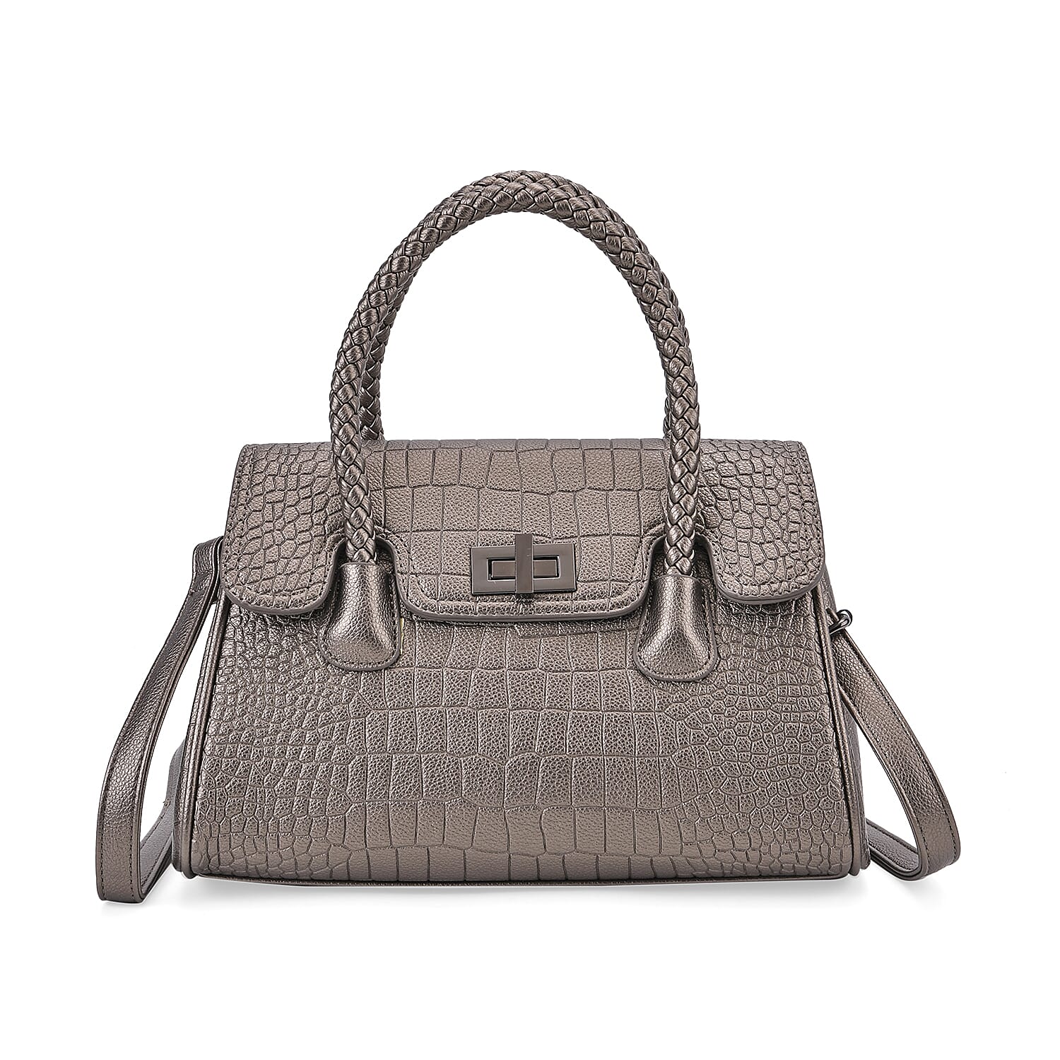Croc Embossed Crossbody Bag with Lock & Top Handle - Metalic