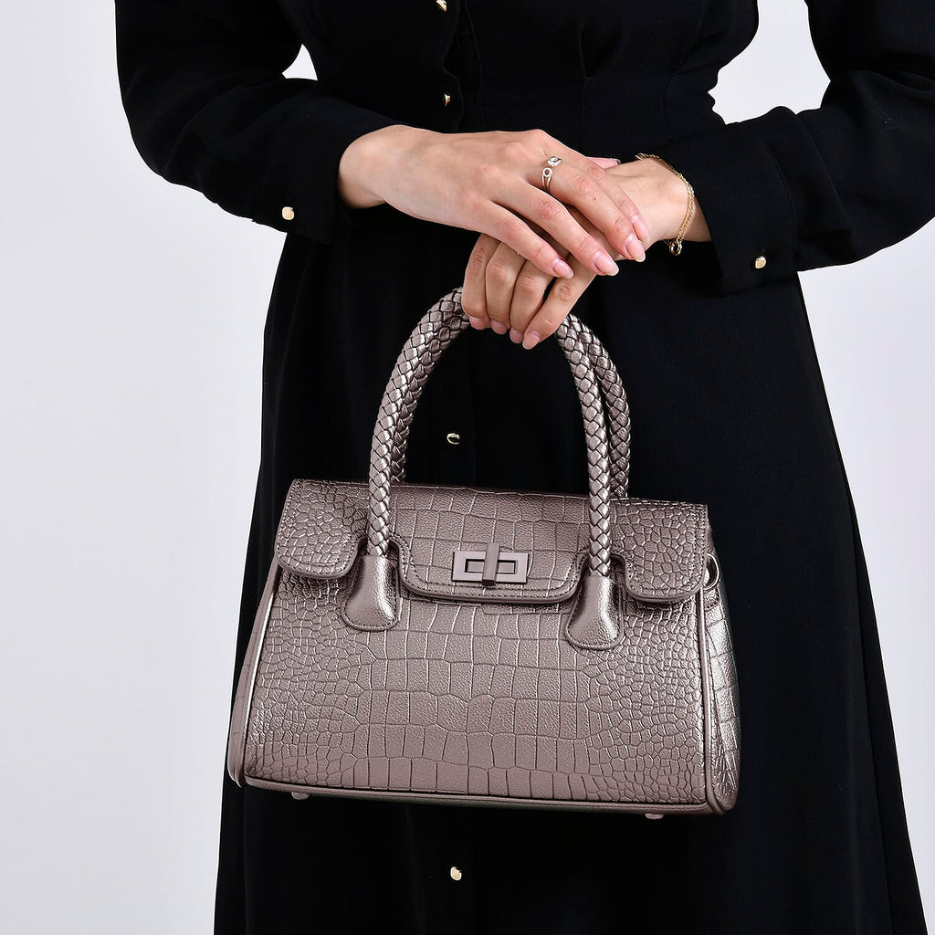 Croc Embossed Crossbody Bag with Lock & Top Handle - Metalic