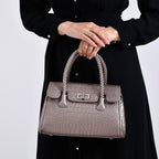 Croc Embossed Crossbody Bag with Lock & Top Handle - Metalic