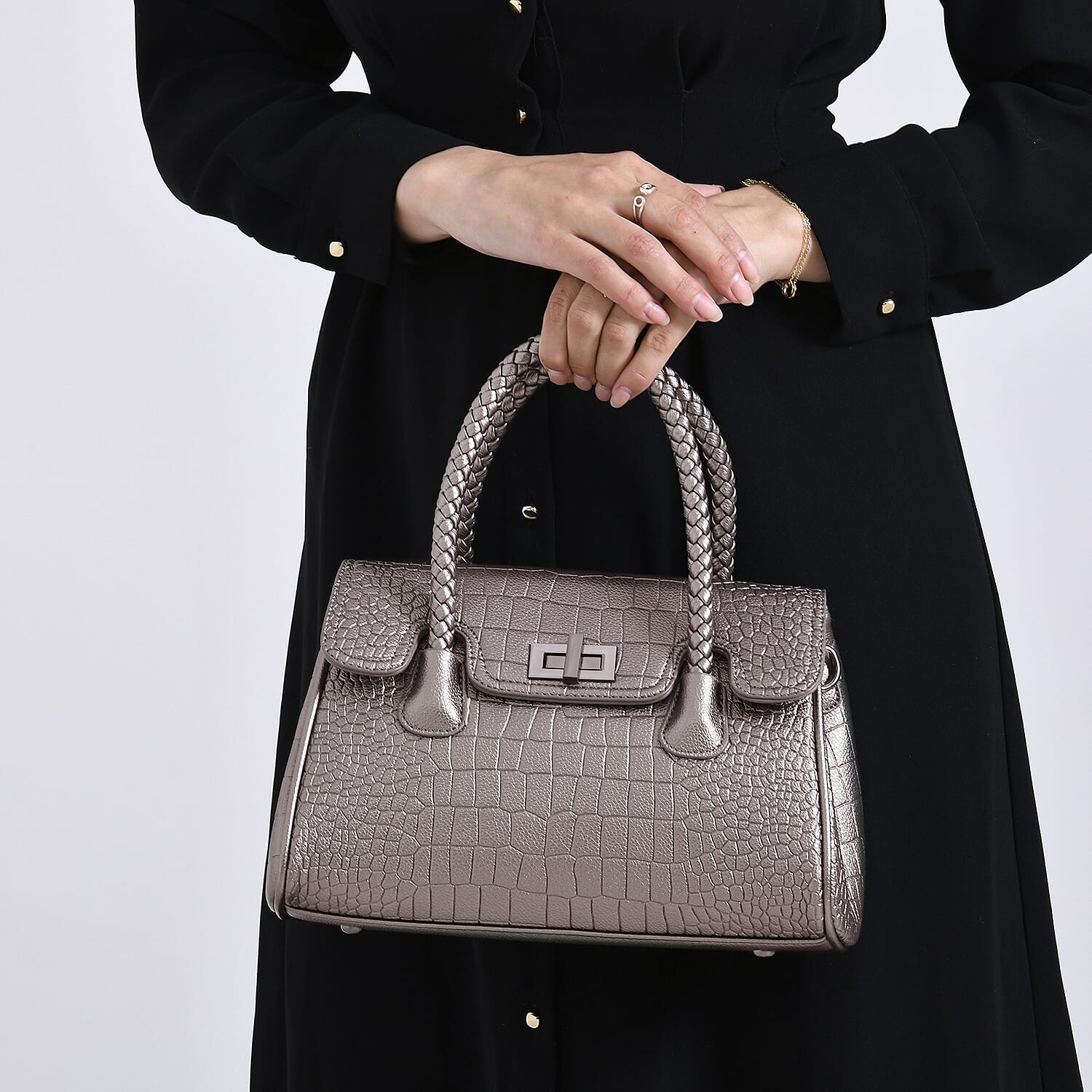 Croc Embossed Crossbody Bag with Lock & Top Handle - Metalic