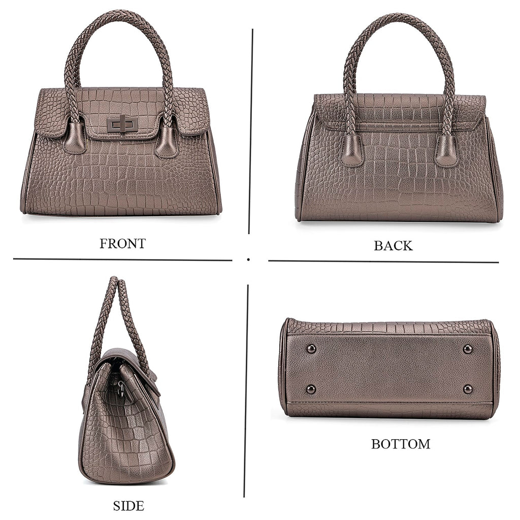 Croc Embossed Crossbody Bag with Lock & Top Handle - Metalic