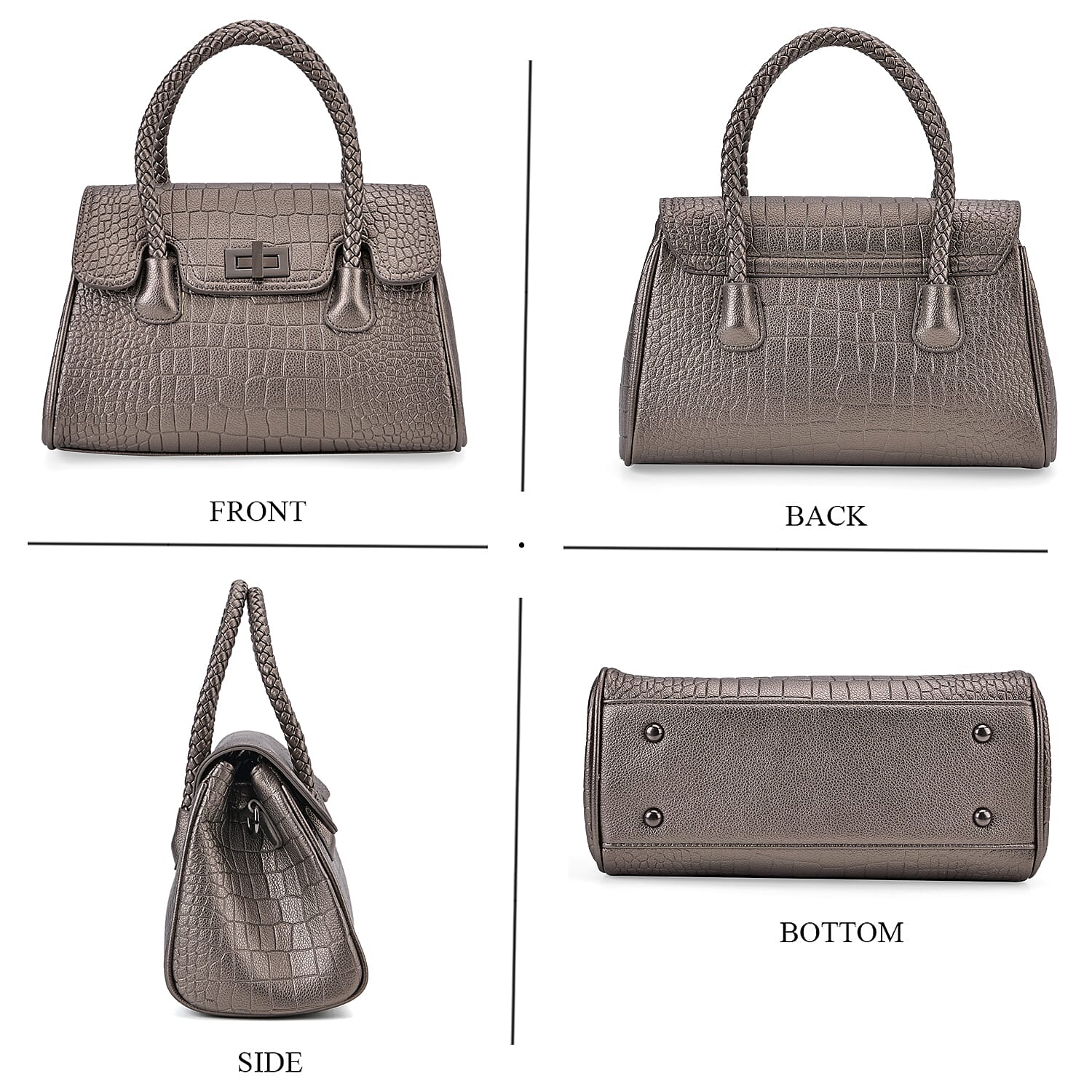Croc Embossed Crossbody Bag with Lock & Top Handle - Metalic