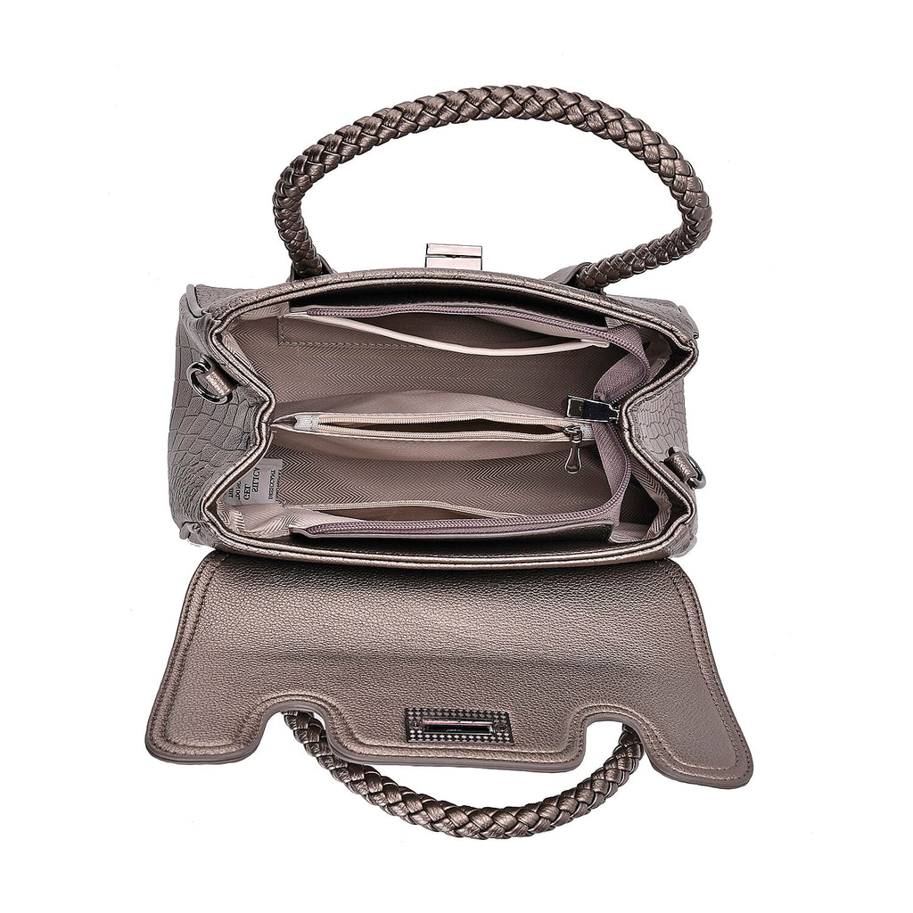 Croc Embossed Crossbody Bag with Lock & Top Handle - Metalic