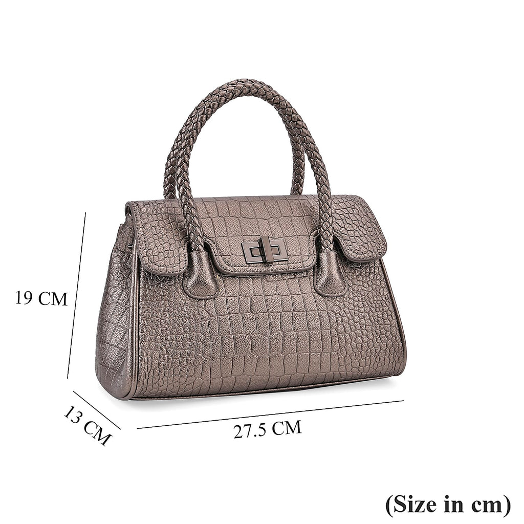Croc Embossed Crossbody Bag with Lock & Top Handle - Metalic