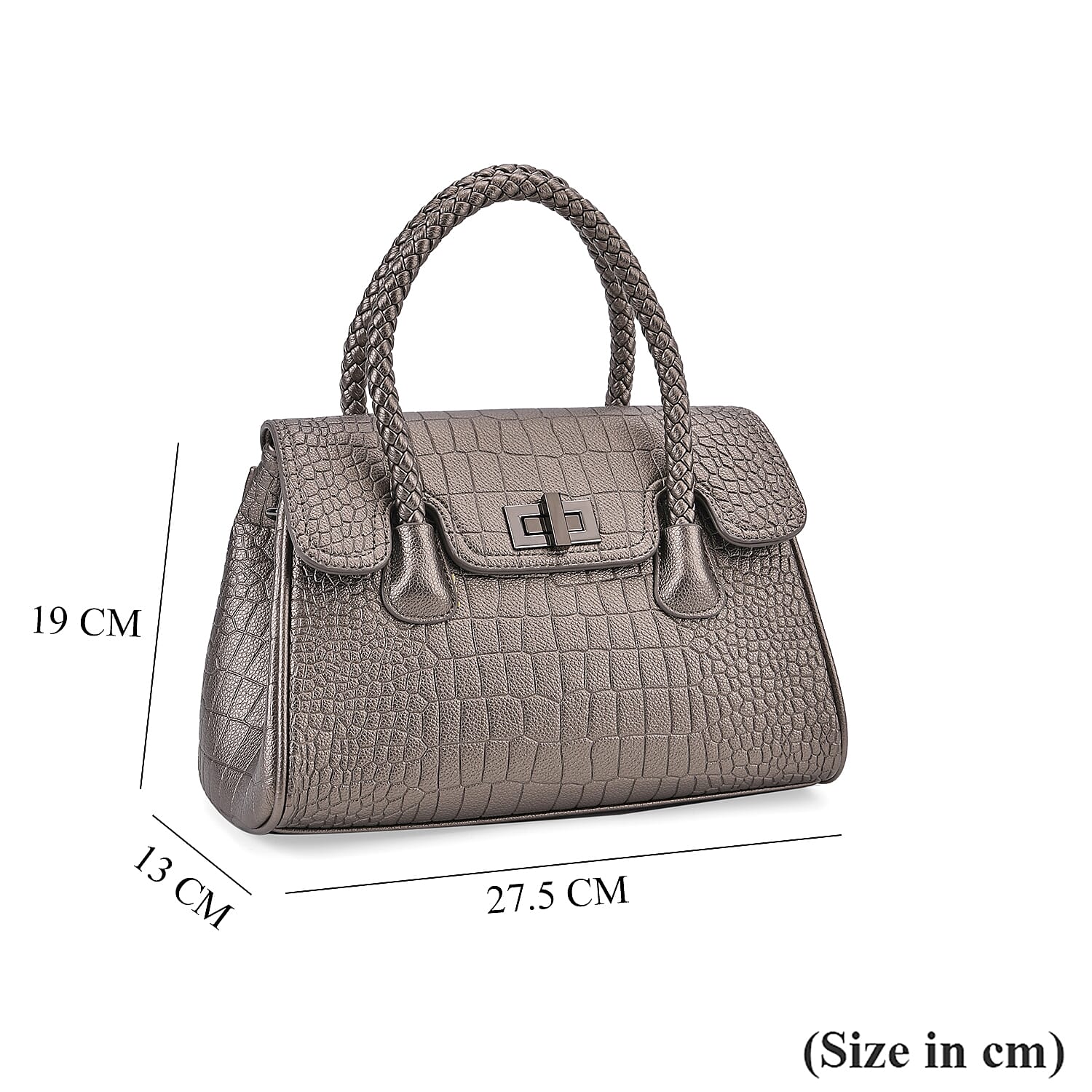 Croc Embossed Crossbody Bag with Lock & Top Handle - Metalic