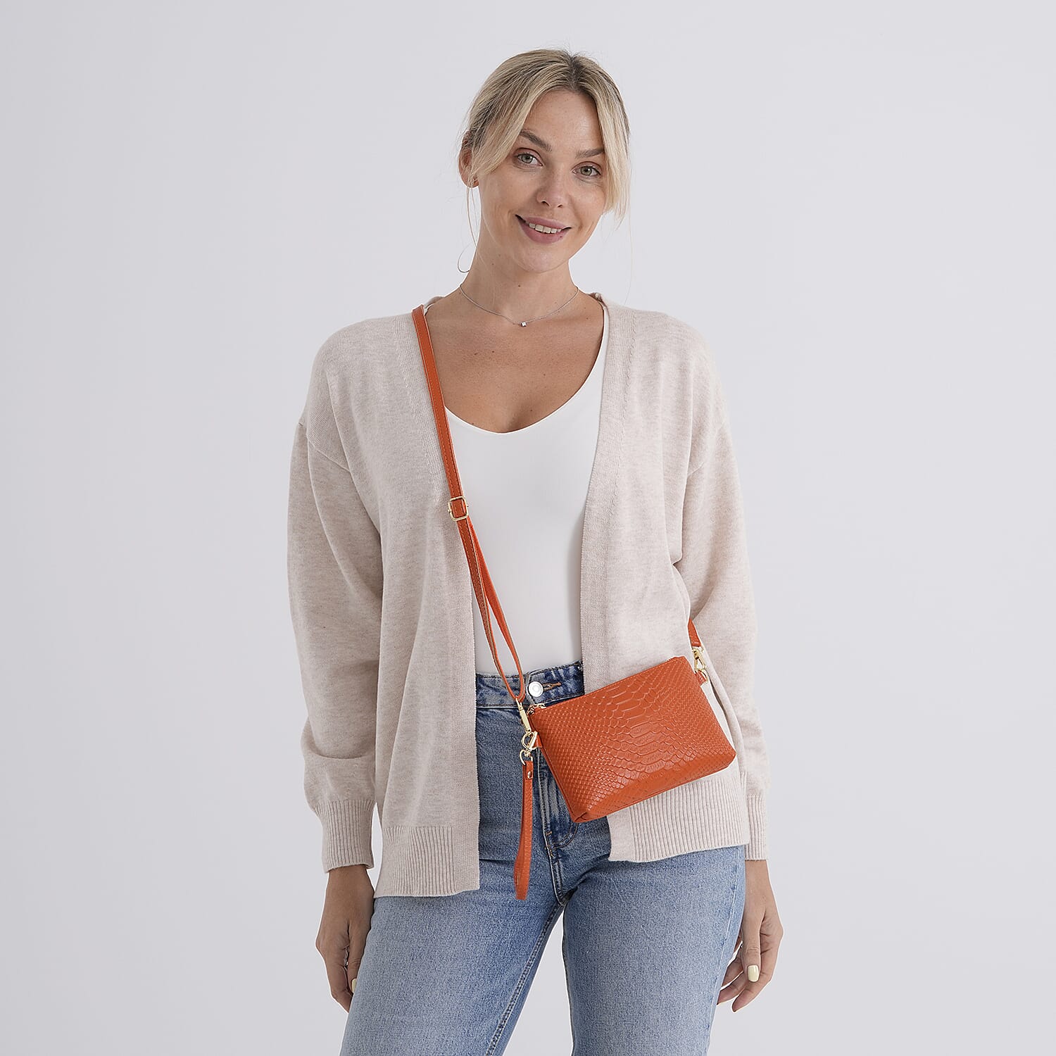 Genuine Leather Sling Bag with Detachable Strap (140 cm) - Orange