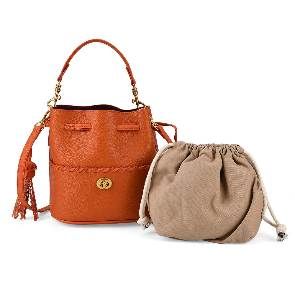 THE AURELLE -Designer Inspired Genuine Leather Fringe Crossbody sinch Bag with Removable Top-Handle, Embedded Fabric Pouch And Gold-Tone Hardware - Orange