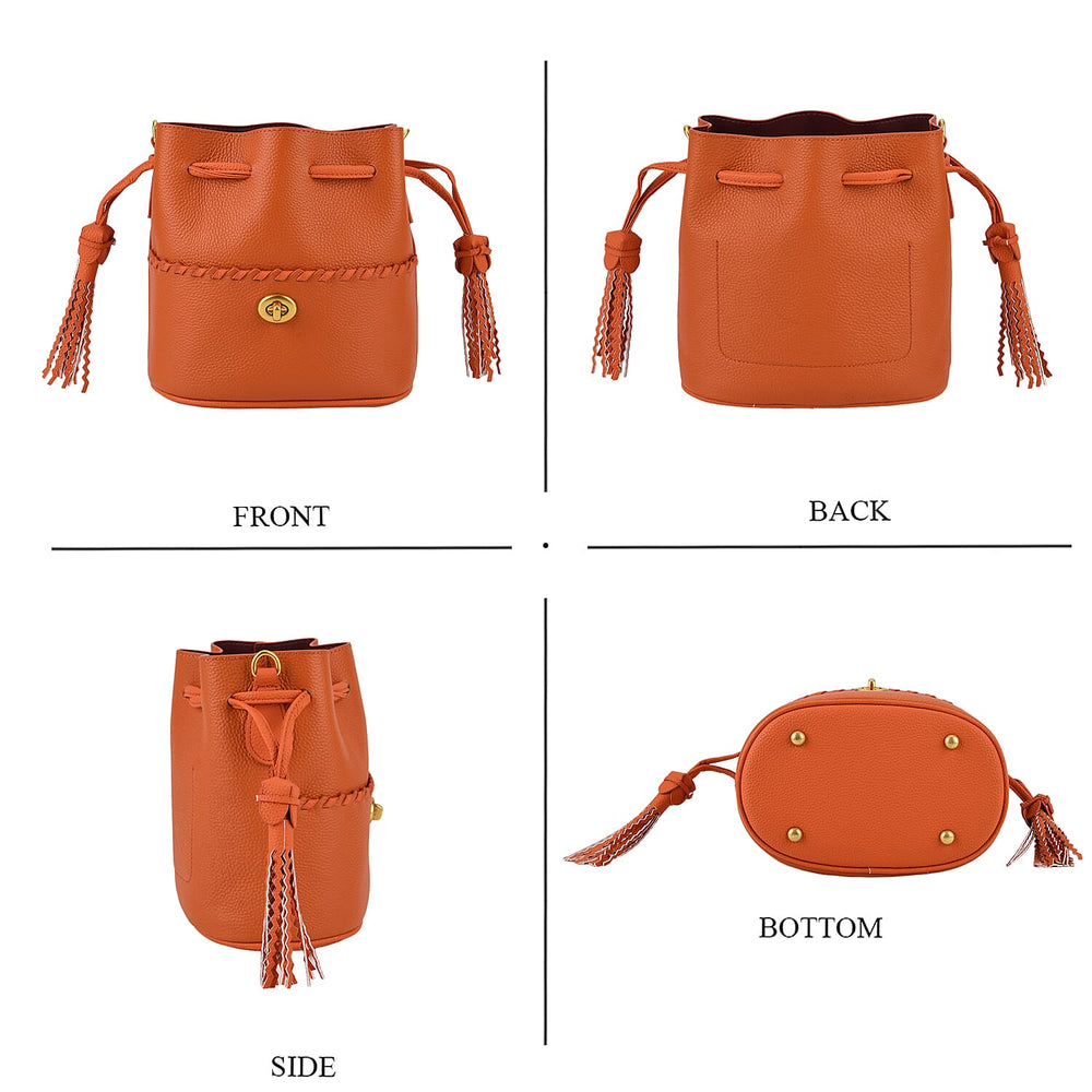 THE AURELLE -Designer Inspired Genuine Leather Fringe Crossbody sinch Bag with Removable Top-Handle, Embedded Fabric Pouch And Gold-Tone Hardware - Orange