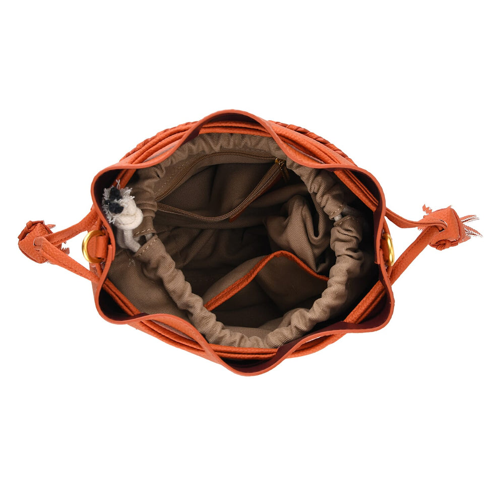 THE AURELLE -Designer Inspired Genuine Leather Fringe Crossbody sinch Bag with Removable Top-Handle, Embedded Fabric Pouch And Gold-Tone Hardware - Orange