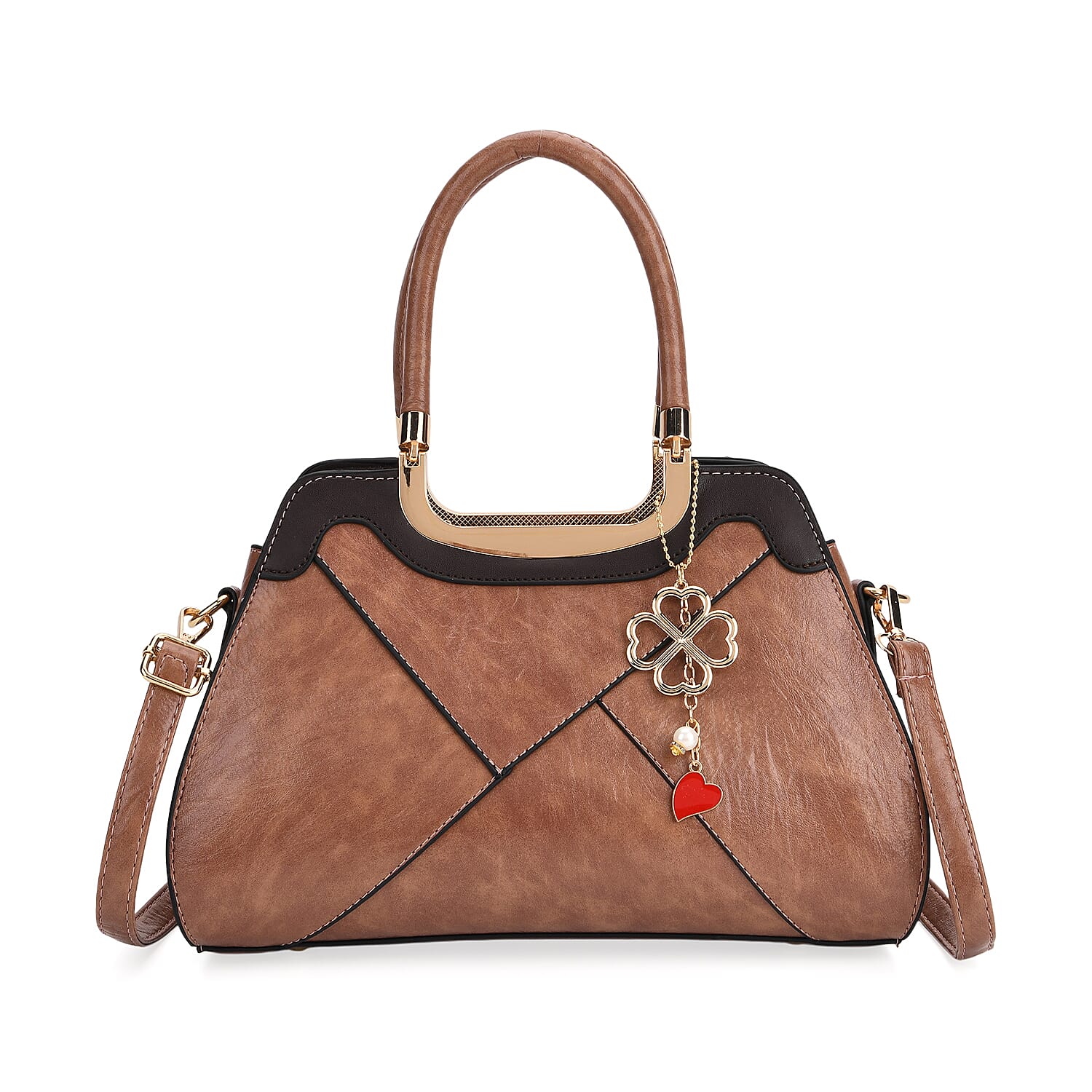 Leatherette Crossbody Bag with Four-Leaf Clover Hanging - Pink Mocha