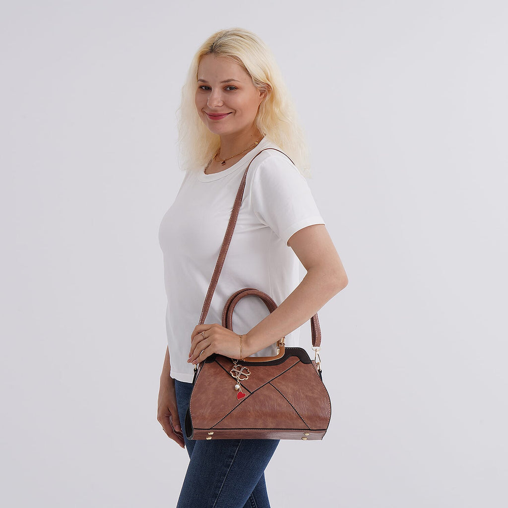 Leatherette Crossbody Bag with Four-Leaf Clover Hanging - Pink Mocha