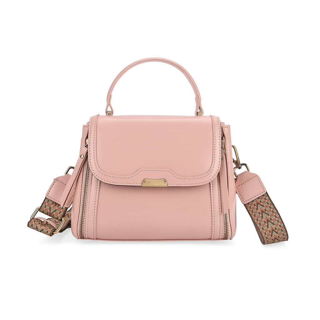 Genuine Leather Top Handle Satchel Bag with Adjustable Long Shoulder Straps - Pink
