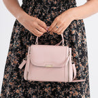 Genuine Leather Top Handle Satchel Bag with Adjustable Long Shoulder Straps - Pink