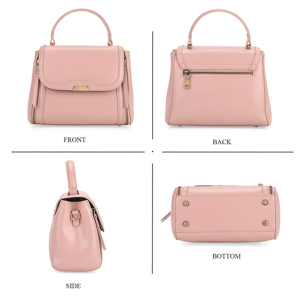 Genuine Leather Top Handle Satchel Bag with Adjustable Long Shoulder Straps - Pink