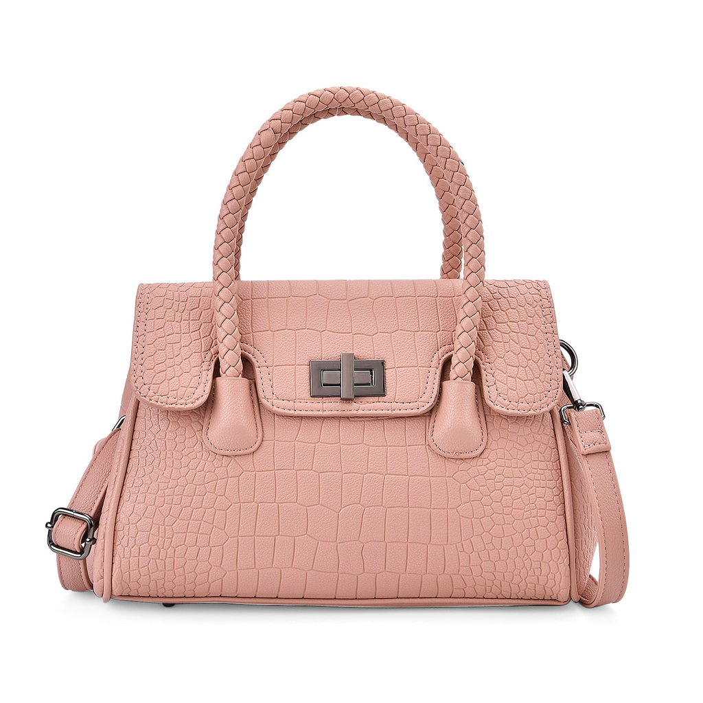 Croc Embossed Crossbody Bag with Lock & Top Handle - Pink