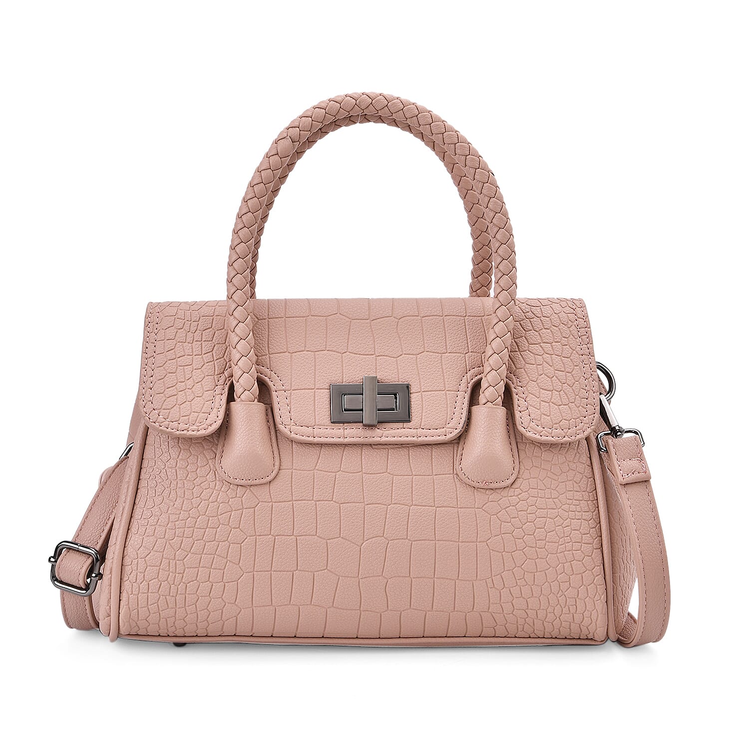 Croc Embossed Crossbody Bag with Lock & Top Handle - Pink